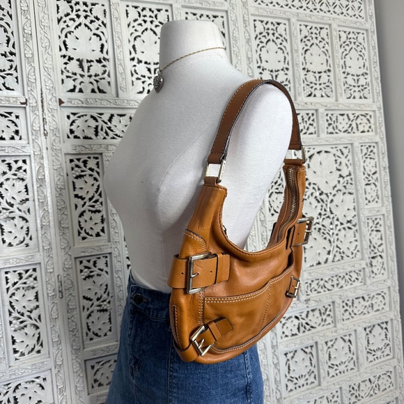 Michael Kors Camel Brown Buckle Crescent Moon Shaped Leather Shoulder Bag - Picture 2 of 9